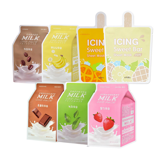 Replenish your skin's moisture barrier with a fruity sheet mask and milk one pack! A comfortable sheet mask drenched in silky essence: 100% refreshing. The perfect pick-me-up, these masks leave skin feeling hydrated and revitalized. Give your skin the nourishment it needs, leaving you with a healthy-looking, glowing complexion.