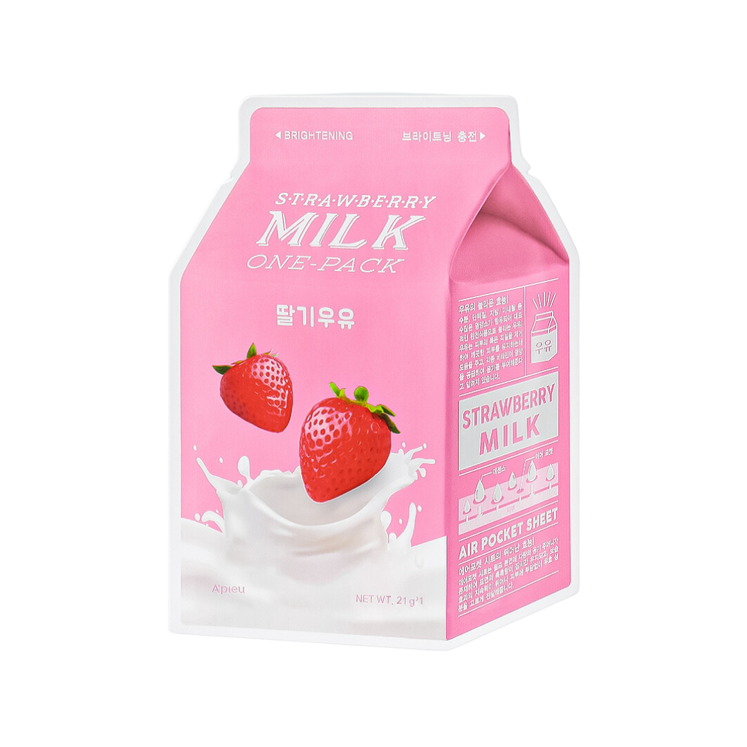 Milk essence that hydrates and prevents dryness, while strawberry extract gives bright, clear skin.